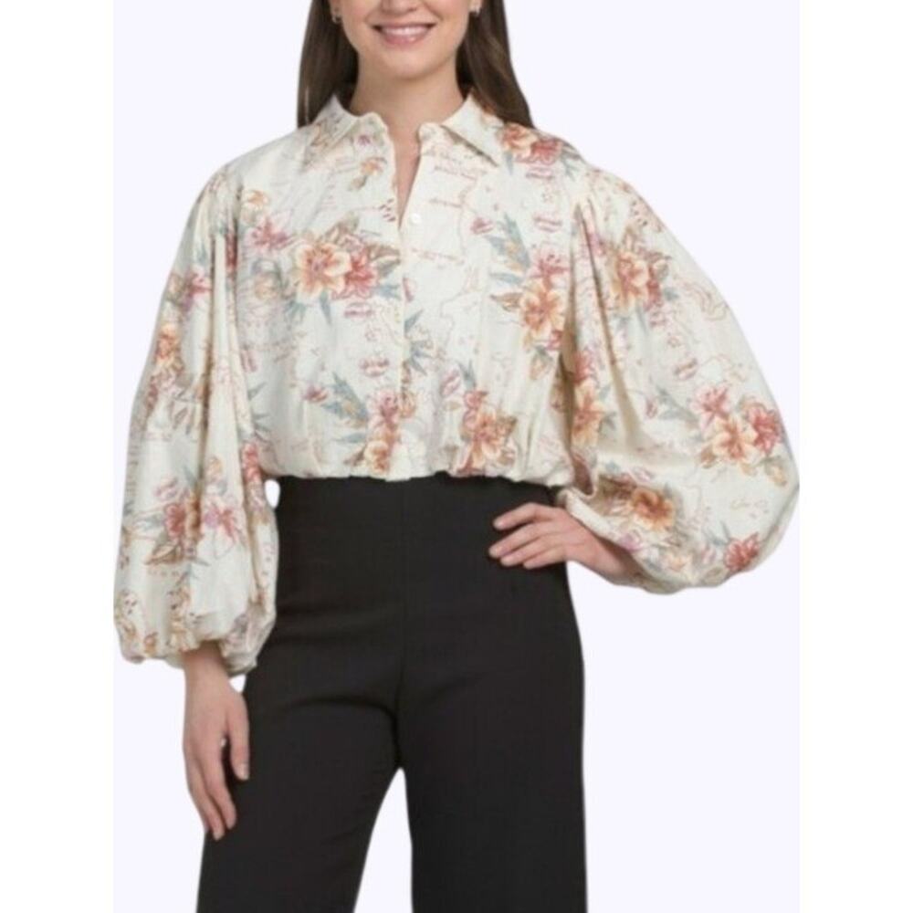 Calypso St. Barth Cream Floral Balloon-Sleeve Cropped Blouse Top Size XL NEW